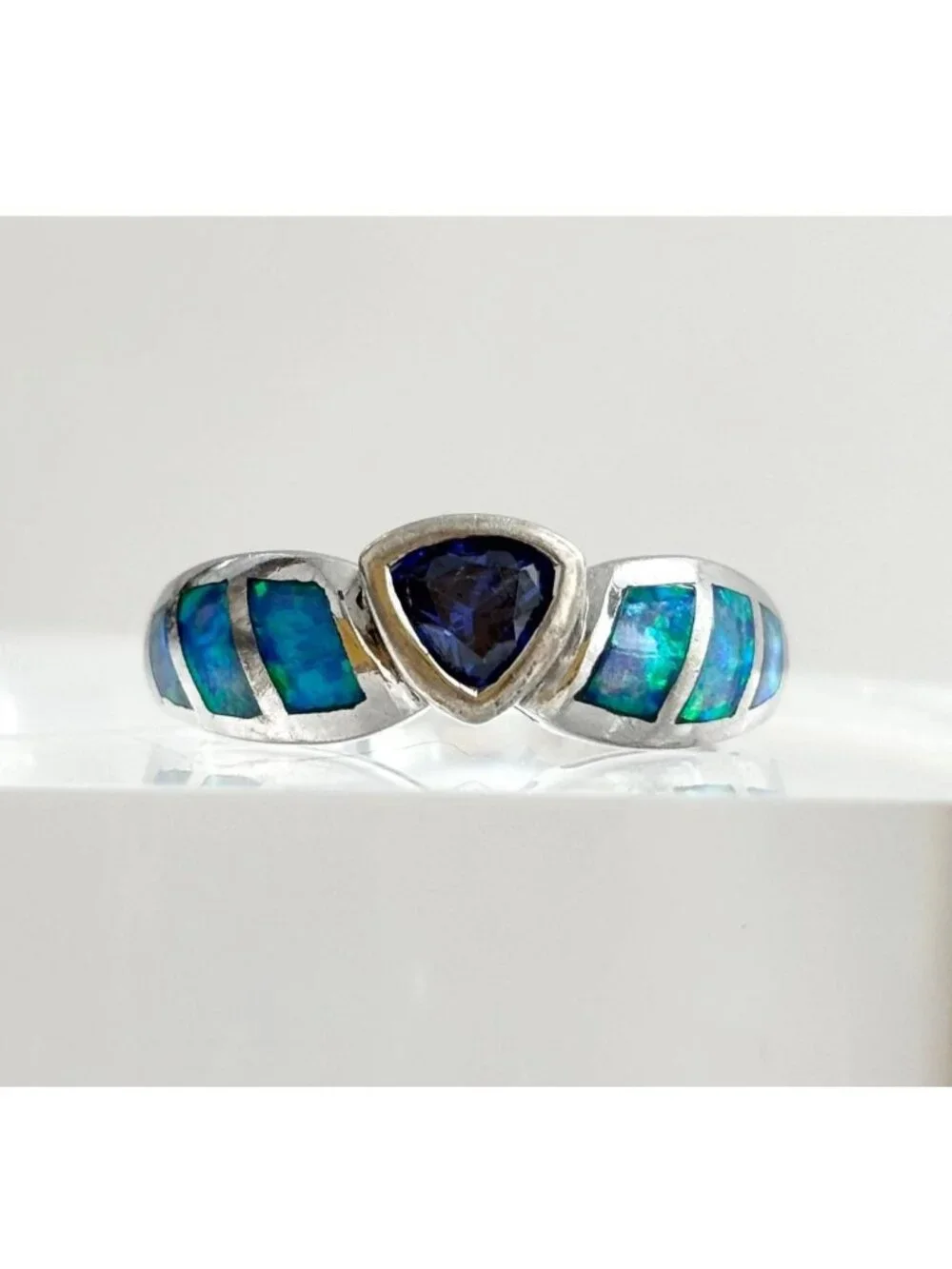 Tanzanite & Opal Framed Gemstone Sterling Silver 925 Vintage Ring - sz 7.25